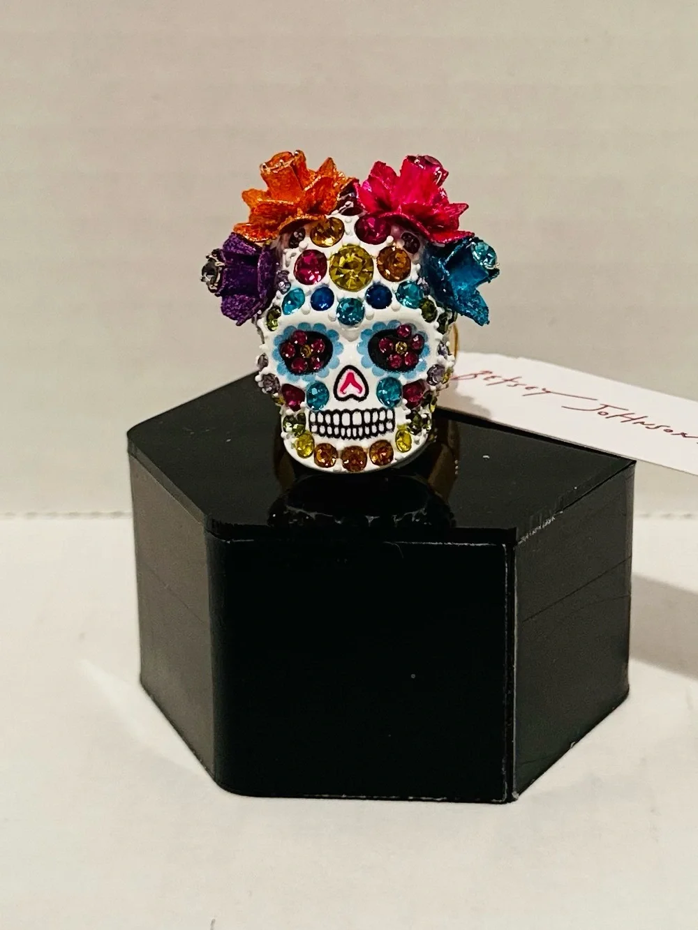 Betsey Johnson NWT Pave Crystal Floral Skull Stretch Ring